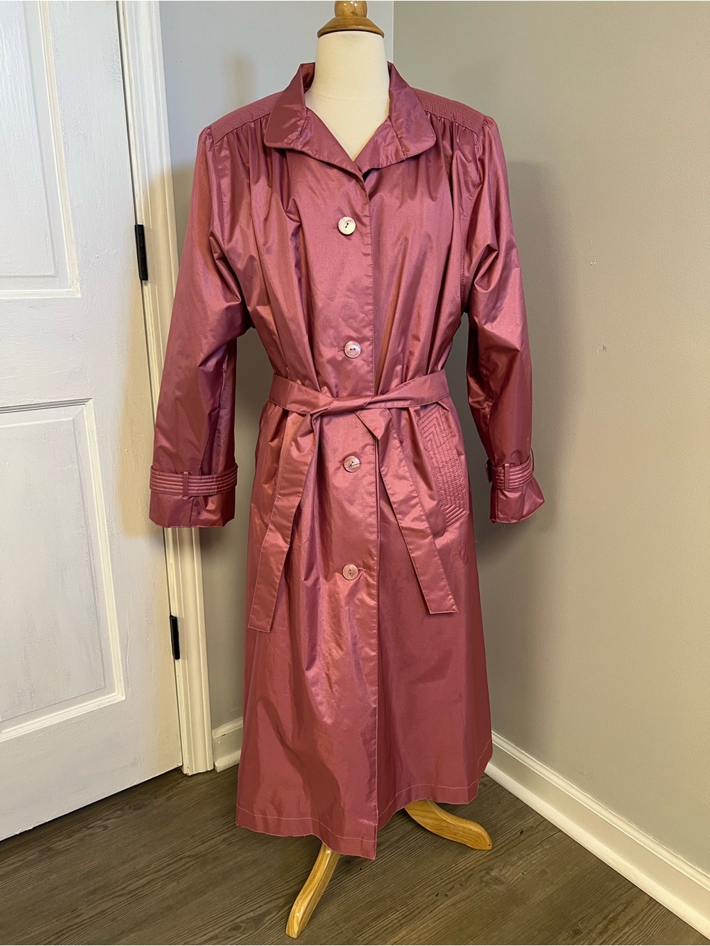 Vintage 80s Chiango by Fleet Street Pink Mauve Trench Coat Belted Size 12